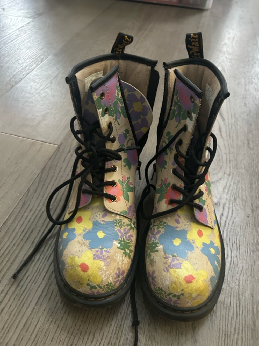 Dr. Martens Floral Lace-Up Combat Boots - Yellow Multi